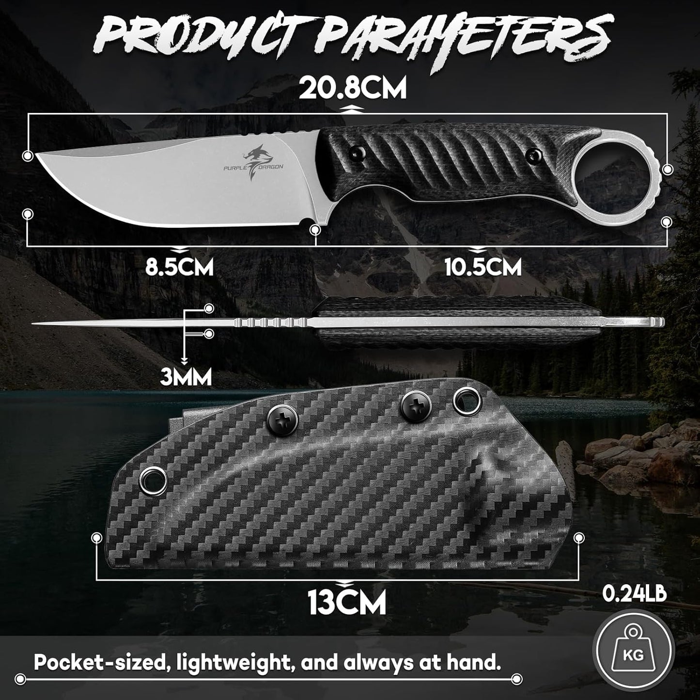 Purple Dragon Fixed Blade Knife - Full Tang Survival Knife Forged from a Single Piece of D2 Steel - Camping Knives with G10 Handle and Kydex Sheath - Outdoor Gift for Men - Brown