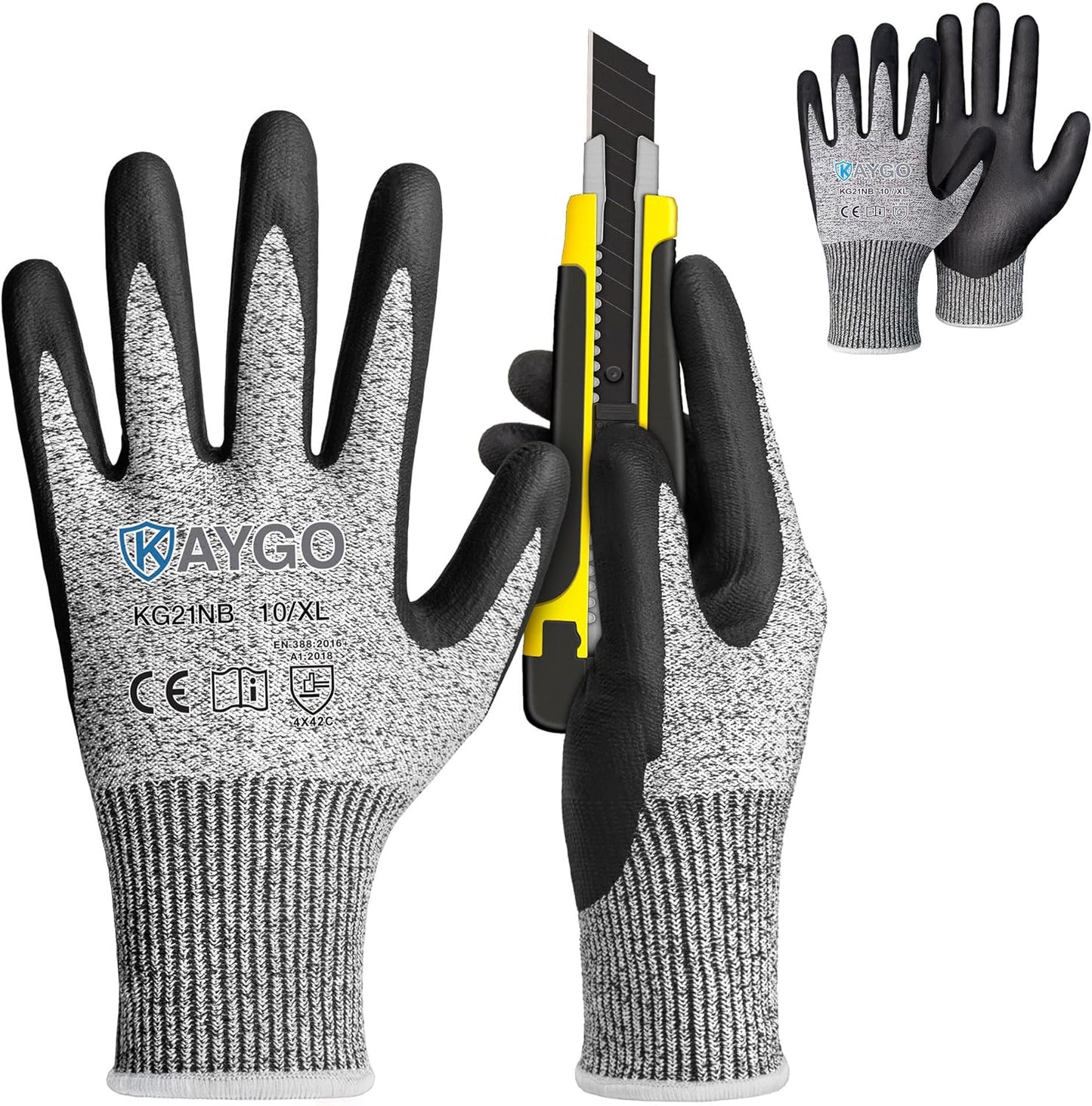 KAYGO 12 Pairs Cut Resistant Work Gloves for Men and Women,ANSI A3 Cutting Gloves,Nitrile Micro-Foam Safety Work Gloves KG21NB,Ideal for Wood Carving,Glass Handling, Construction,Fishing,Grey,S