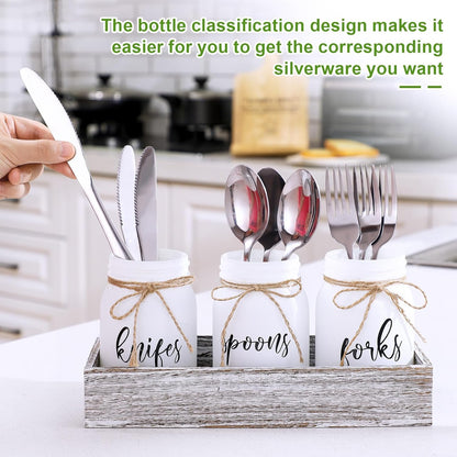 4 Pcs Silverware Utensil Holder Mason Jar with Wooden Utensil Organizer for Kitchen Countertop Forks Spoons Knives Storage White Farmhouse Kitchen Caddy Glass Cooking Decor for Party