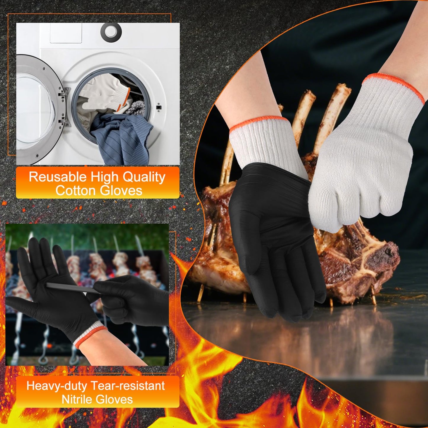 ANBOSON BBQ Gloves Disposable-Heat Resistant Cooking & Grilling Gloves Set (100 Black Nitrile, 4 Cotton Liners)-10Mil Heavy Duty Meat Handling Smoker Accessories for Hot Food Prep,Non-Slip Grip,Large