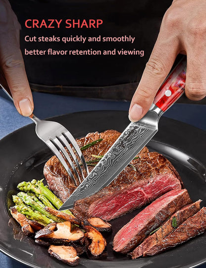 Steak Knives Set of 4, Ultra Sharp Non Serrated Kitchen Steak Knife 5 Inch - Damascus Steel & Resin Handle - Xuan Series (Sapphire Blue)