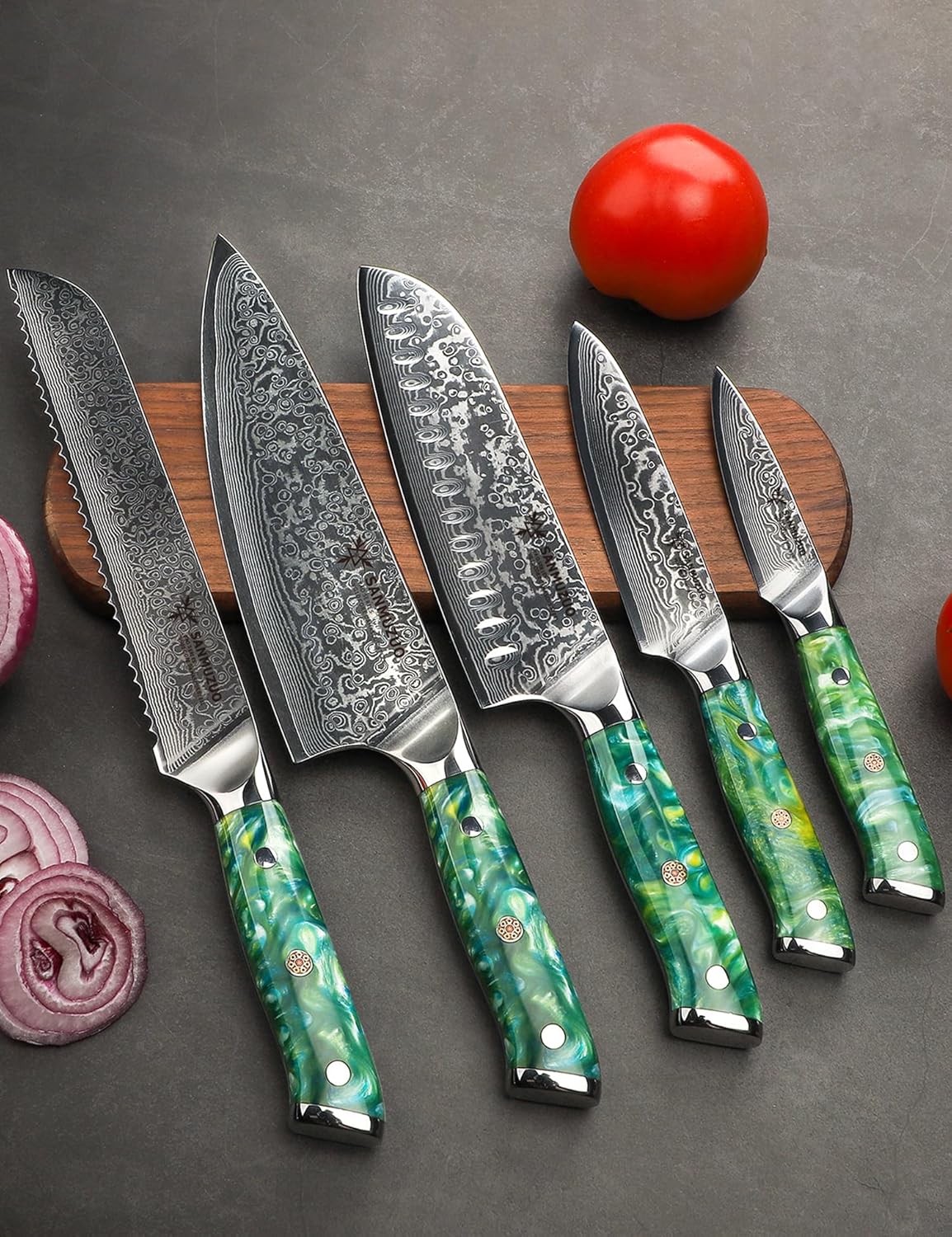 Steak Knives Set of 4, Ultra Sharp Non Serrated Kitchen Steak Knife 5 Inch - Damascus Steel & Resin Handle - Xuan Series (Sapphire Blue)