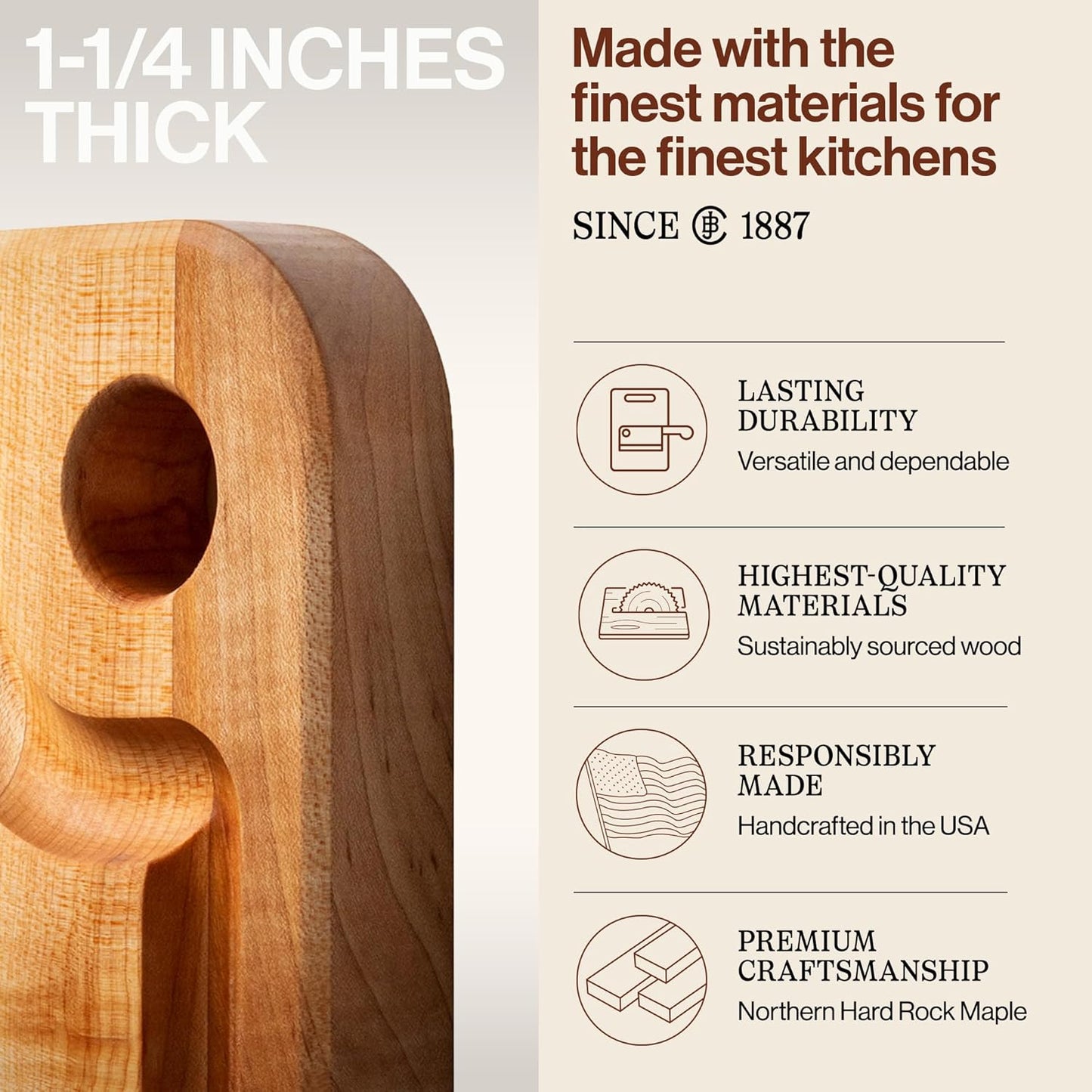 John Boos Prestige Series Rectangular Wooden Maple Cutting Board 18”x12” – 1.25” Thick, 8-lb Reversible Butcher Block with Juice Groove, Edge-Grain & Finger Grip Hole – Made in the USA