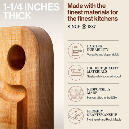 John Boos Prestige Series Rectangular Wooden Maple Cutting Board 18”x12” – 1.25” Thick, 8-lb Reversible Butcher Block with Juice Groove, Edge-Grain & Finger Grip Hole – Made in the USA