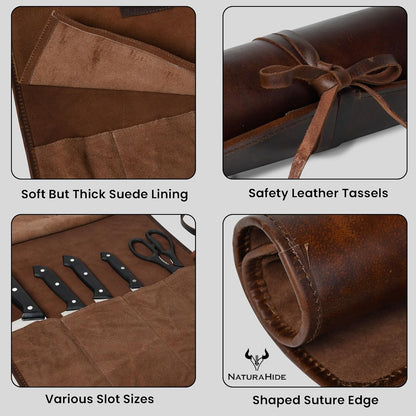 Leather Knife Roll Bag for Professional Chefs 4 Slot Full Grain and Suede Leather Knife Case Handmade Culinary Tool Roll Organizer for Travel, Kitchen and Outdoor Cooking (Black)