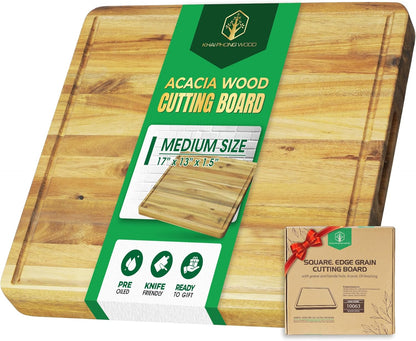 End Grain Acacia Wood Cutting Boards for Kitchen, 1.5 in Thick Butcher Block Construction for Stability, 15 x 10 in Medium Cutting Boards with Gift Box, Juice Groove and Handle