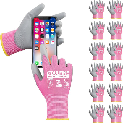 DULFINE Safety Work Gloves PU Coated-12 Pairs,Red Seamless Knit Glove with Polyurethane Coated Smooth Grip on Palm & Fingers, for Men and Women, Ideal for General Duty Work (Large)