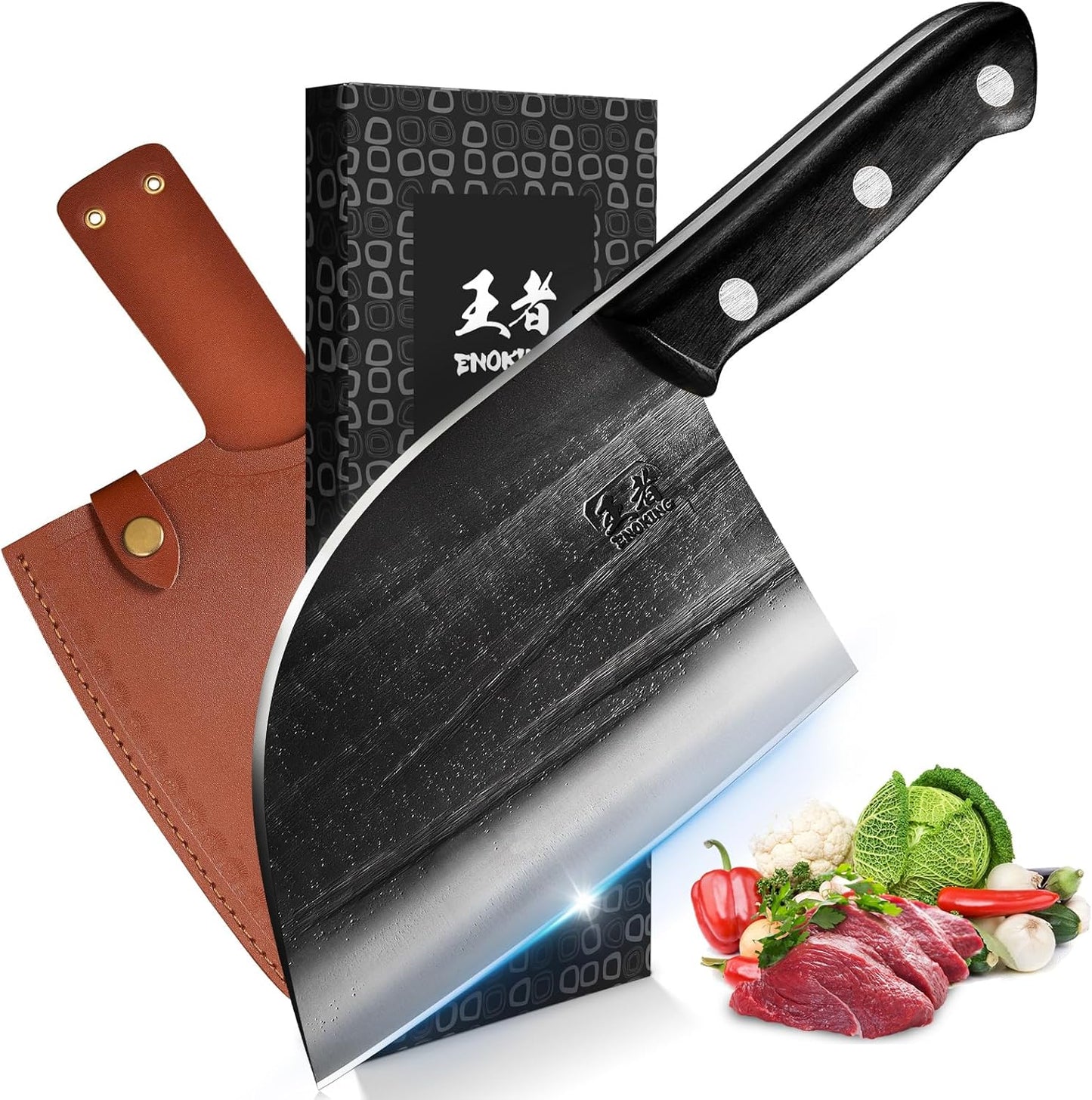 ENOKING 6.7" Serbian Chef Knife, Full Tang Vegetable Meat Cleaver for Kitchen, High-Carbon Stainless Steel Blade with Wooden Handle, Multipurpose Chopper Knife with Sheath & Gift Box