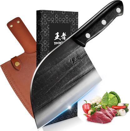 ENOKING 6.7" Serbian Chef Knife, Full Tang Vegetable Meat Cleaver for Kitchen, High-Carbon Stainless Steel Blade with Wooden Handle, Multipurpose Chopper Knife with Sheath & Gift Box