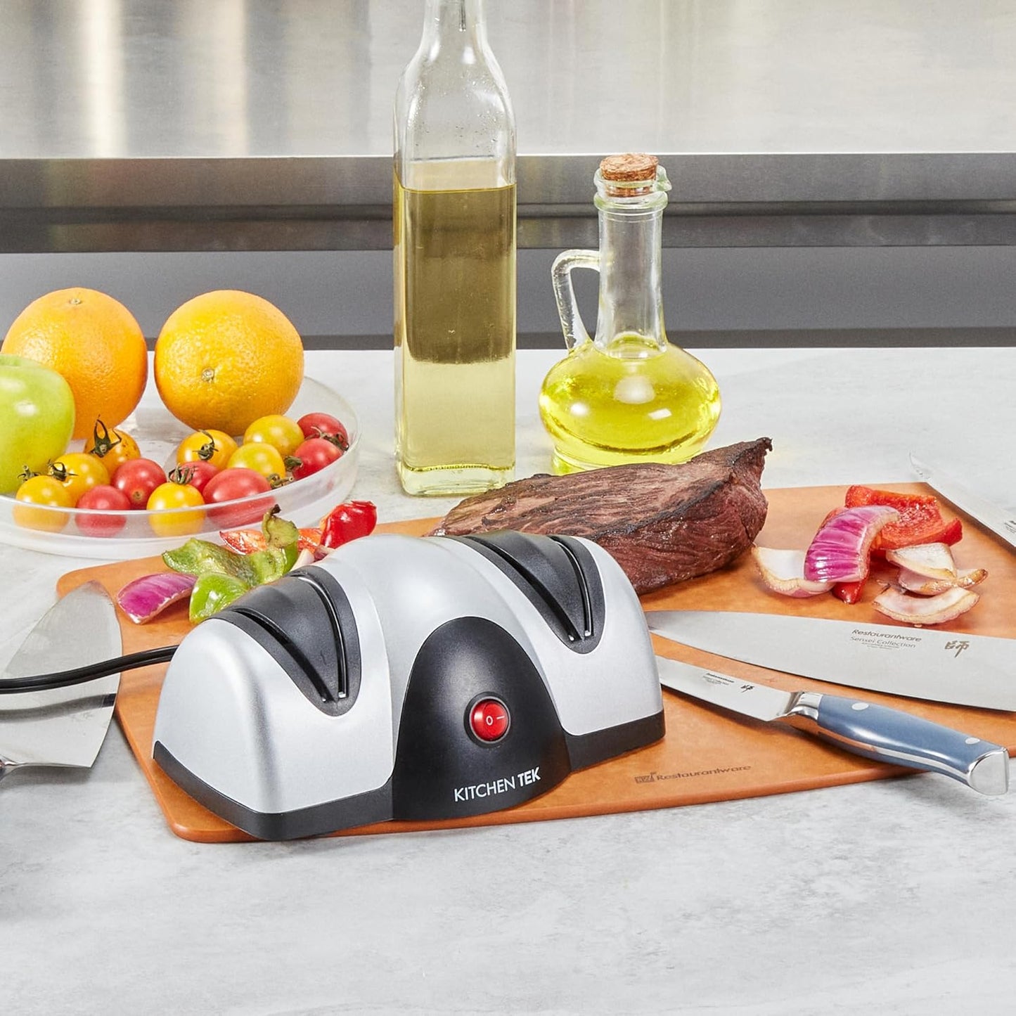 Restaurantware-Kitchen Tek 2-Stage Electric Knife Sharpener, 1 Straight-Edge Knife Sharpener With Diamond Grinding Wheel - 120 Voltage, Quick Sharpening, Gray Plastic, For Kitchen Knives