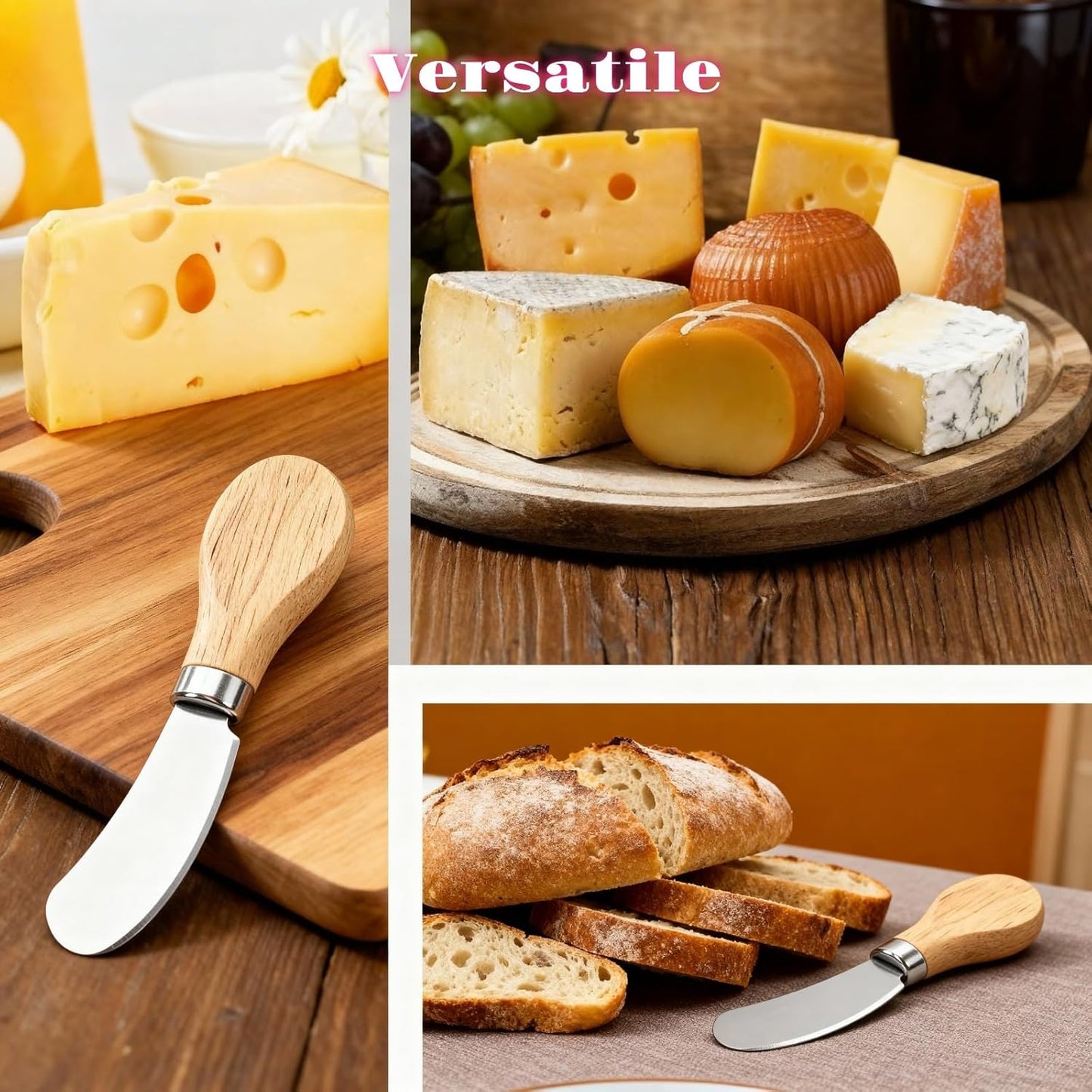 6-Piece Cheese Knife Set, Stainless Steel Butter Knives with Natural Wood Handles for Charcuterie Boards & Party Platters; Small Spreaders for Soft Cheese, Jam, Appetizers; Kitchen Utensils