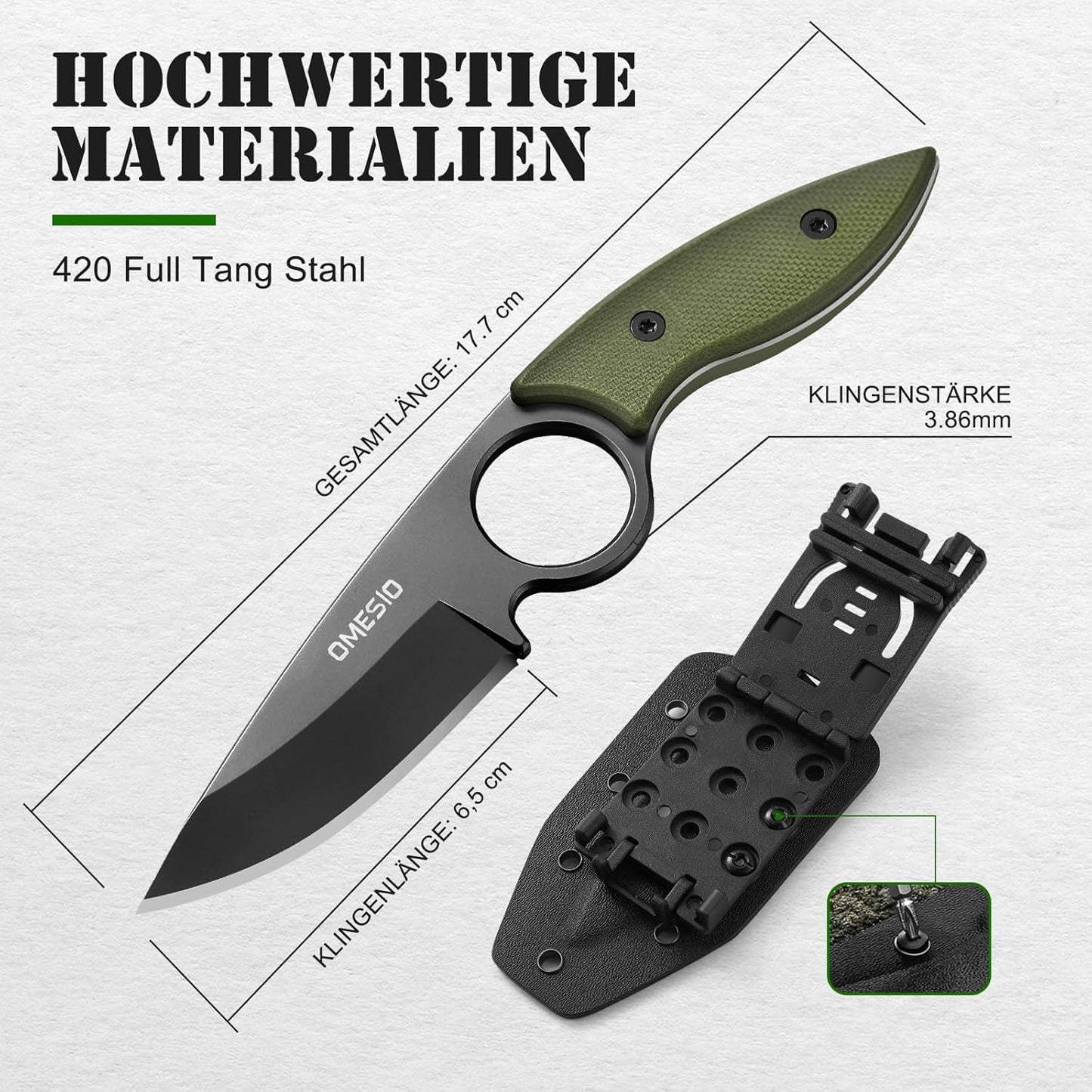 Omesio Small Fixed Blade Knife, Tactical Hunting Camping Knife with Kydex Sheath, Full Tang Stainless Steel Compact EDC Neck G10 Handle with Gift Box for Men (Black)
