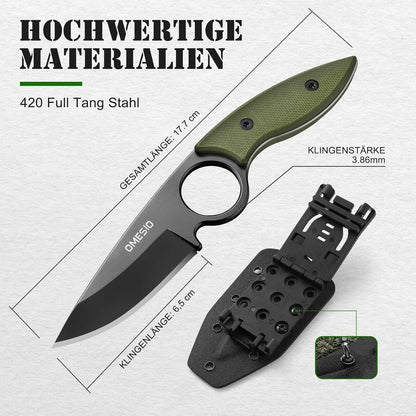 Omesio Small Fixed Blade Knife, Tactical Hunting Camping Knife with Kydex Sheath, Full Tang Stainless Steel Compact EDC Neck G10 Handle with Gift Box for Men (Black)