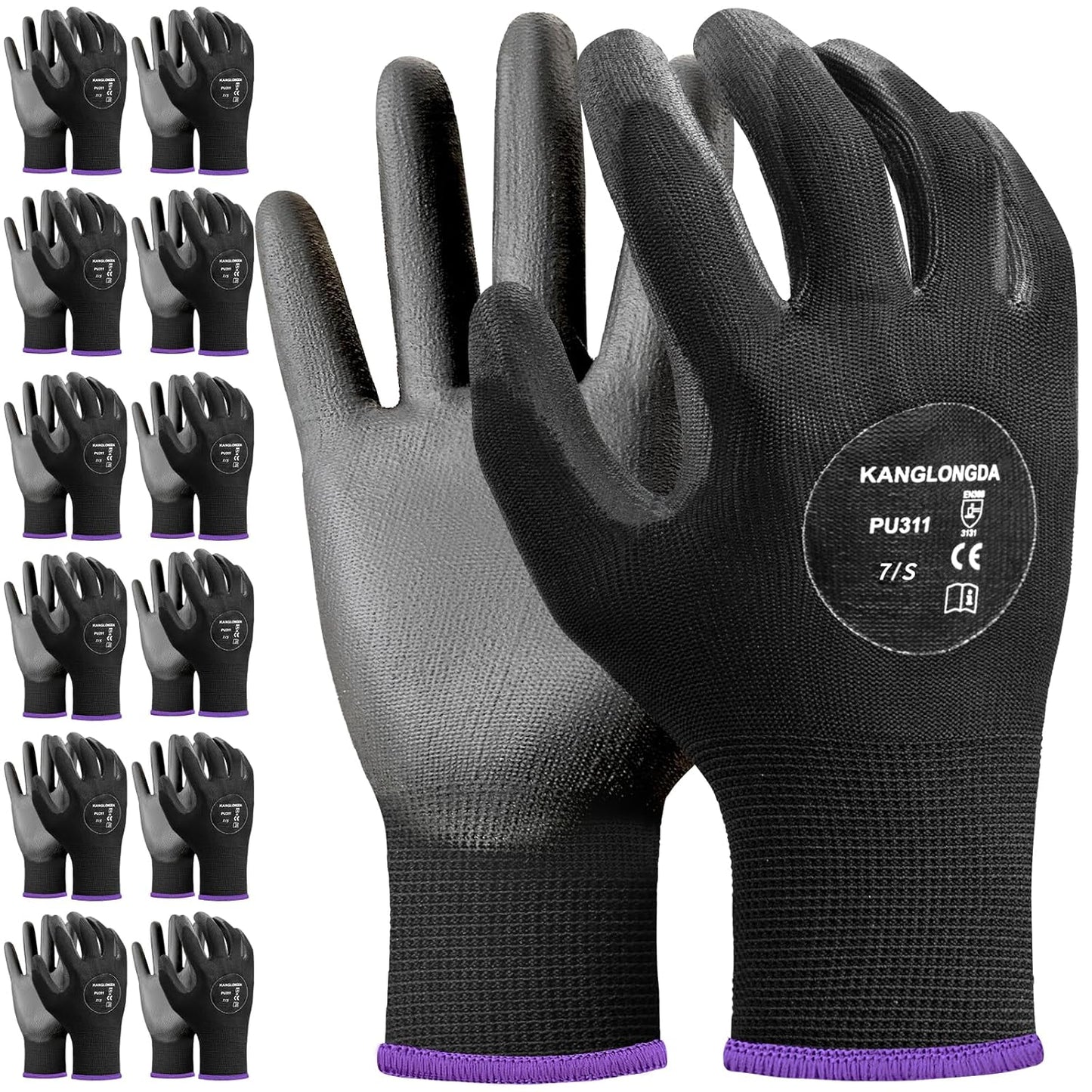 Kebada W1 Work Gloves for Men and Women, PU Coated Safety Gloves with Grip, Touchscreen, Ideal for Warehouse Package Handling, Construction, Gardening, 12 Pairs Gray Large