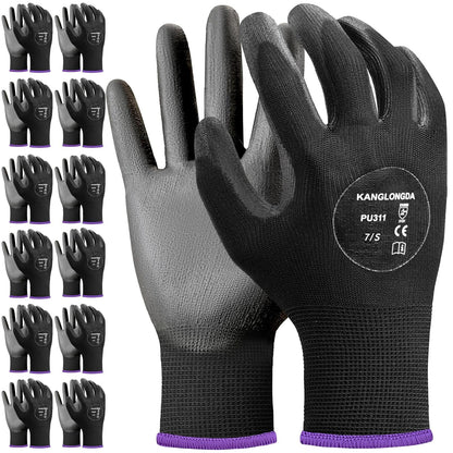 Kebada W1 Work Gloves for Men and Women, PU Coated Safety Gloves with Grip, Touchscreen, Ideal for Warehouse Package Handling, Construction, Gardening, 12 Pairs Gray Large