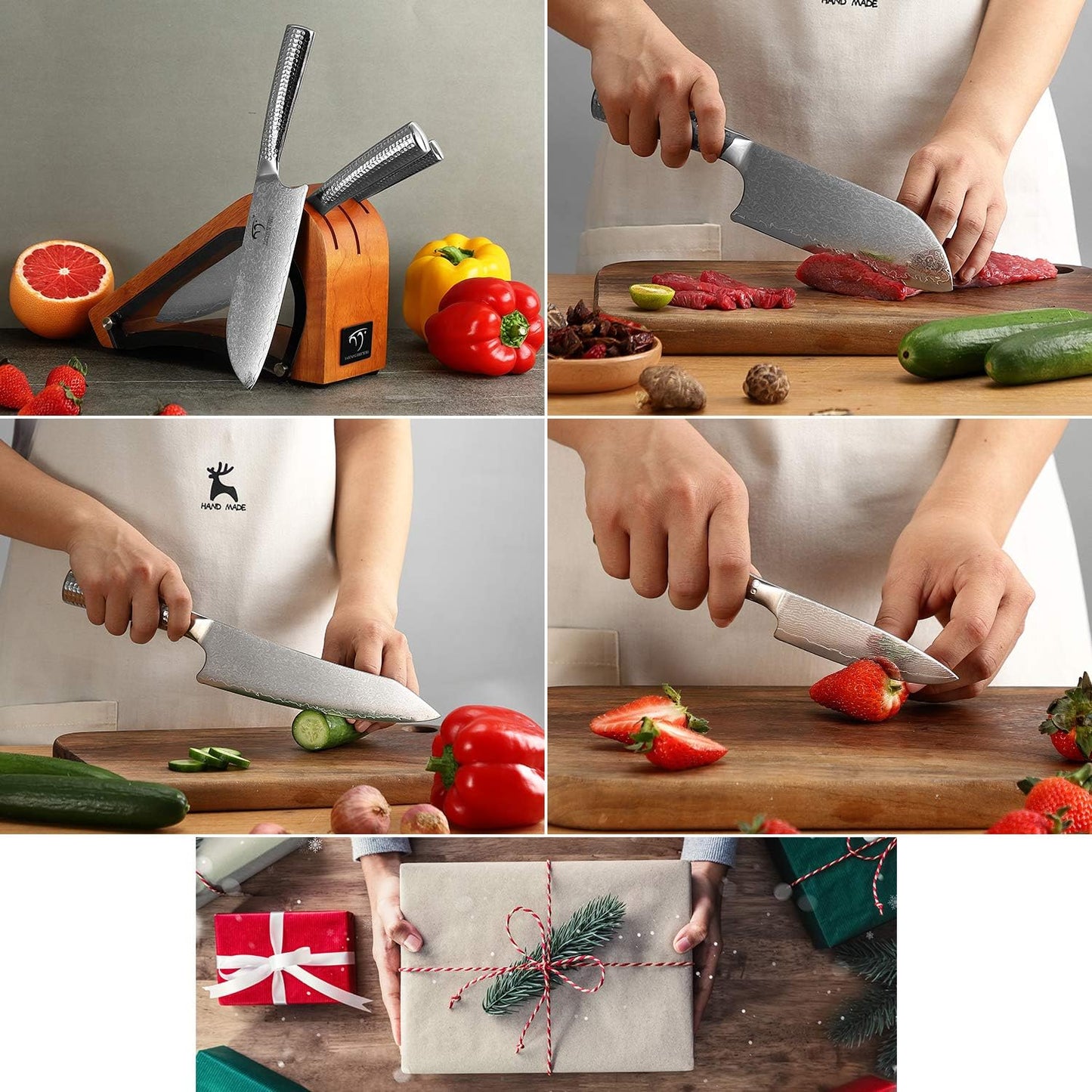 Damascus Knife Set with Block for Kitchen, 7-Piece VG10 Damascus Steel Kitchen Knife Set with Triple-Rivet Handles, Chef, Bread & Santoku Knives, Shears, Natural Wooden Block