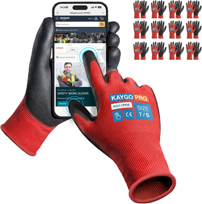 KAYGO Work Gloves for Men and Women,12 Pairs Seamless Knit PU Coated Safety Gloves, with Smooth Grip on Palm and Fingers, Ideal for Light Warehouse, Manufacturing, Gardening, KG11P (M, Black)