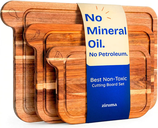 Non Toxic Cutting Boards - Cutting Board Set Free of Mineral Oil, Made of FSC Acacia Wood - Cutting Boards for Kitchen - Includes 3 Chopping Boards. By Ziruma