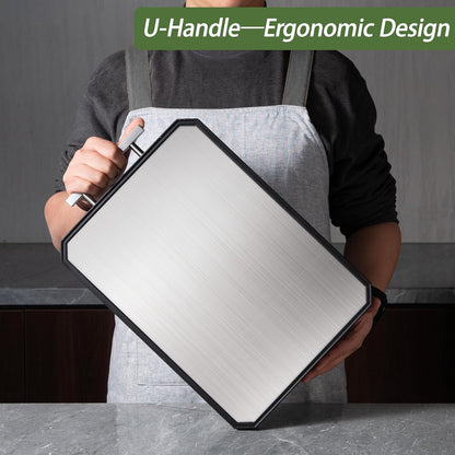 2 in 1 Stainless Steel Cutting Board with Handle Chopping Large Big Small Metal Carving Kitchen Meat Butcher Block no Titanium Wood Bamboo Glass Marble Stone Rubber Plastic Silicone Acrylic 15