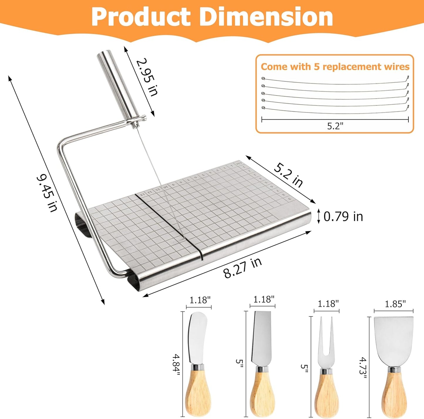 RedCall Cheese Slicer with 4 Piece Cheese Knives Set, Stainless Steel Cheese Cutter with Measuring Grids,Tightness Adjustable Wire Cheese Slicer for Block Cheese, with 5 Extra Wires