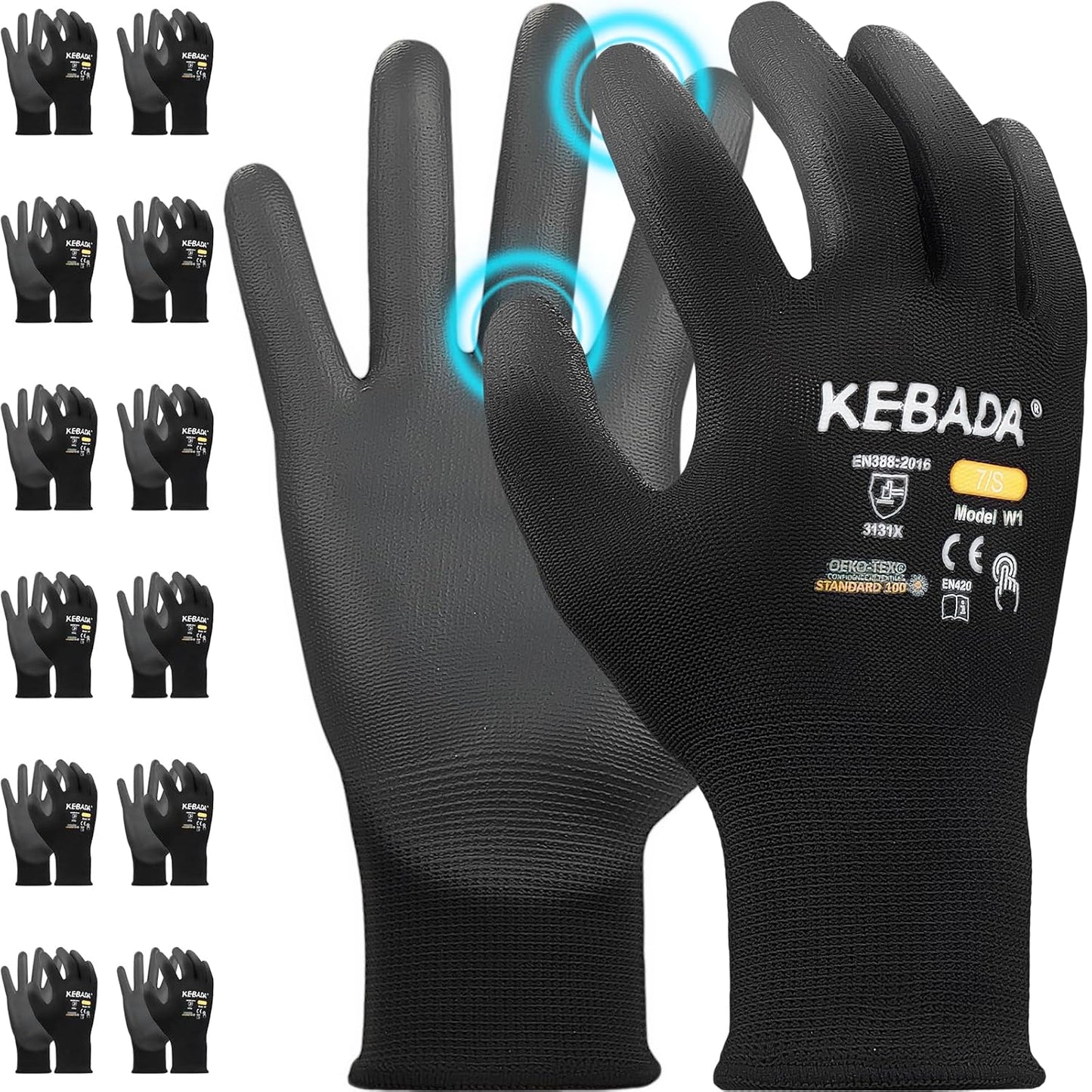 Kebada W1 Work Gloves for Men and Women, PU Coated Safety Gloves with Grip, Touchscreen, Ideal for Warehouse Package Handling, Construction, Gardening, 12 Pairs Gray Large
