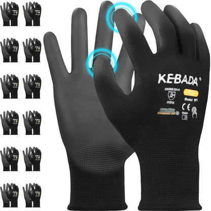 Kebada W1 Work Gloves for Men and Women, PU Coated Safety Gloves with Grip, Touchscreen, Ideal for Warehouse Package Handling, Construction, Gardening, 12 Pairs Gray Large