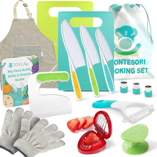 Tovla Jr Kids Safe Knife Set for Real Cooking | Toddler Knife Set with Chopper and Cutting Boards | Montessori Kitchen Tools with Visual Recipe Booklet | Ages 4 to 10