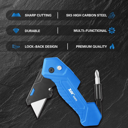 XW Folding Utility Knife with Screwdriver, Heavy Duty Zinc Alloy Lock-back Cutter