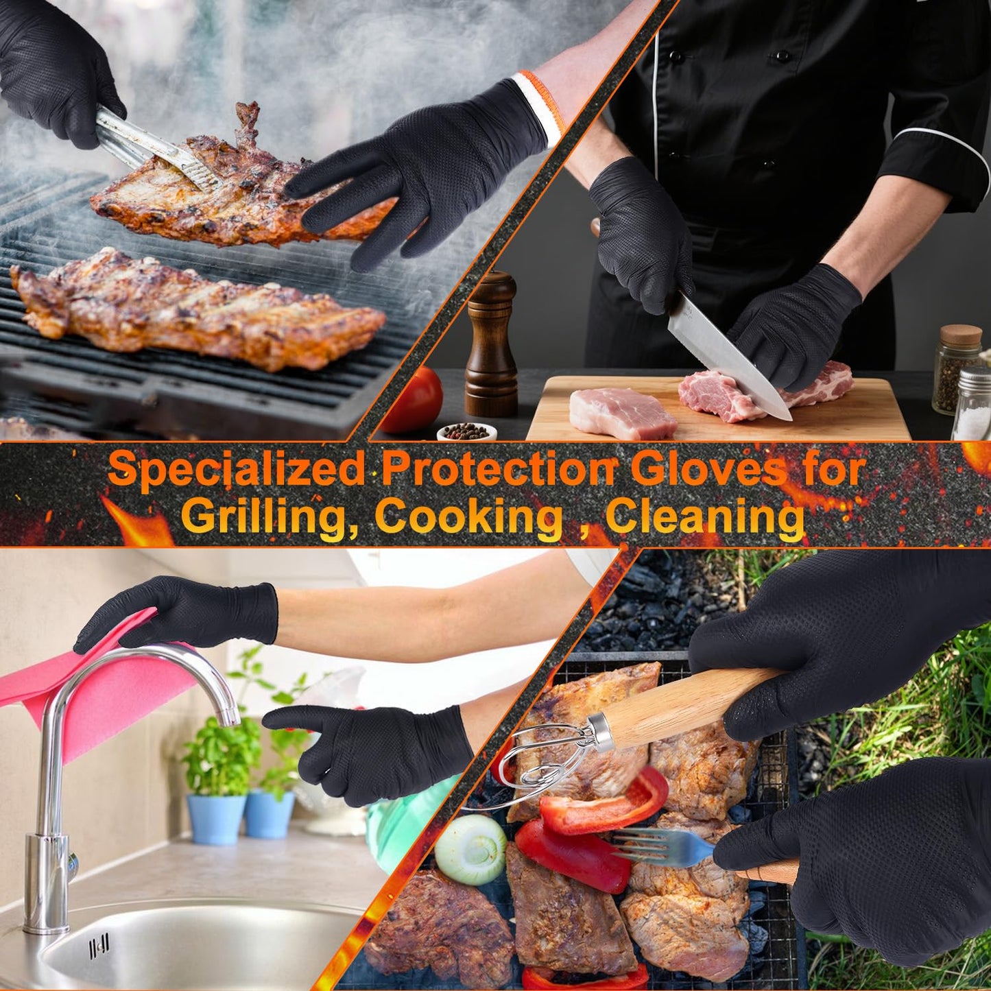 ANBOSON BBQ Gloves Disposable-Heat Resistant Cooking & Grilling Gloves Set (100 Black Nitrile, 4 Cotton Liners)-10Mil Heavy Duty Meat Handling Smoker Accessories for Hot Food Prep,Non-Slip Grip,Large