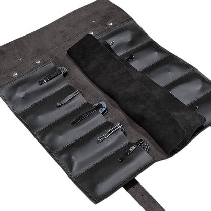 Leather Folding Knife Display Roll Organizer for 6 Pocket Knives Case, Pocket Knife Storage Holder, Knives Collection Holder Pouch Bag VR6BL