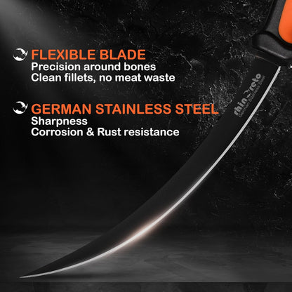 Rhinoreto Fillet Knife for Fish - Razor Sharp G4116 German Stainless Steel Blade, 6.5 Inch Professional Filleting & Boning Knife with Non-Slip Handle, Protective Sheath & Sharpener
