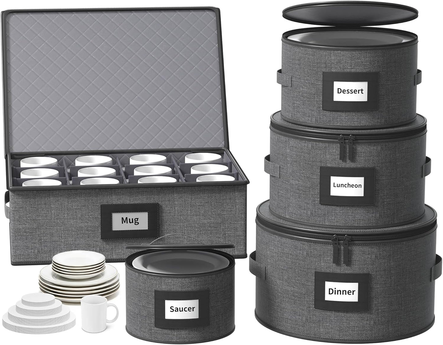 Aokeyee 2-Pack Silverware Storage Box, Sturdy Flatware Organizer with 5 Compartments & Adjustable Dividers, Utensil Case with Clear Lid & Handle for Knives, Forks & Spoons, Gray