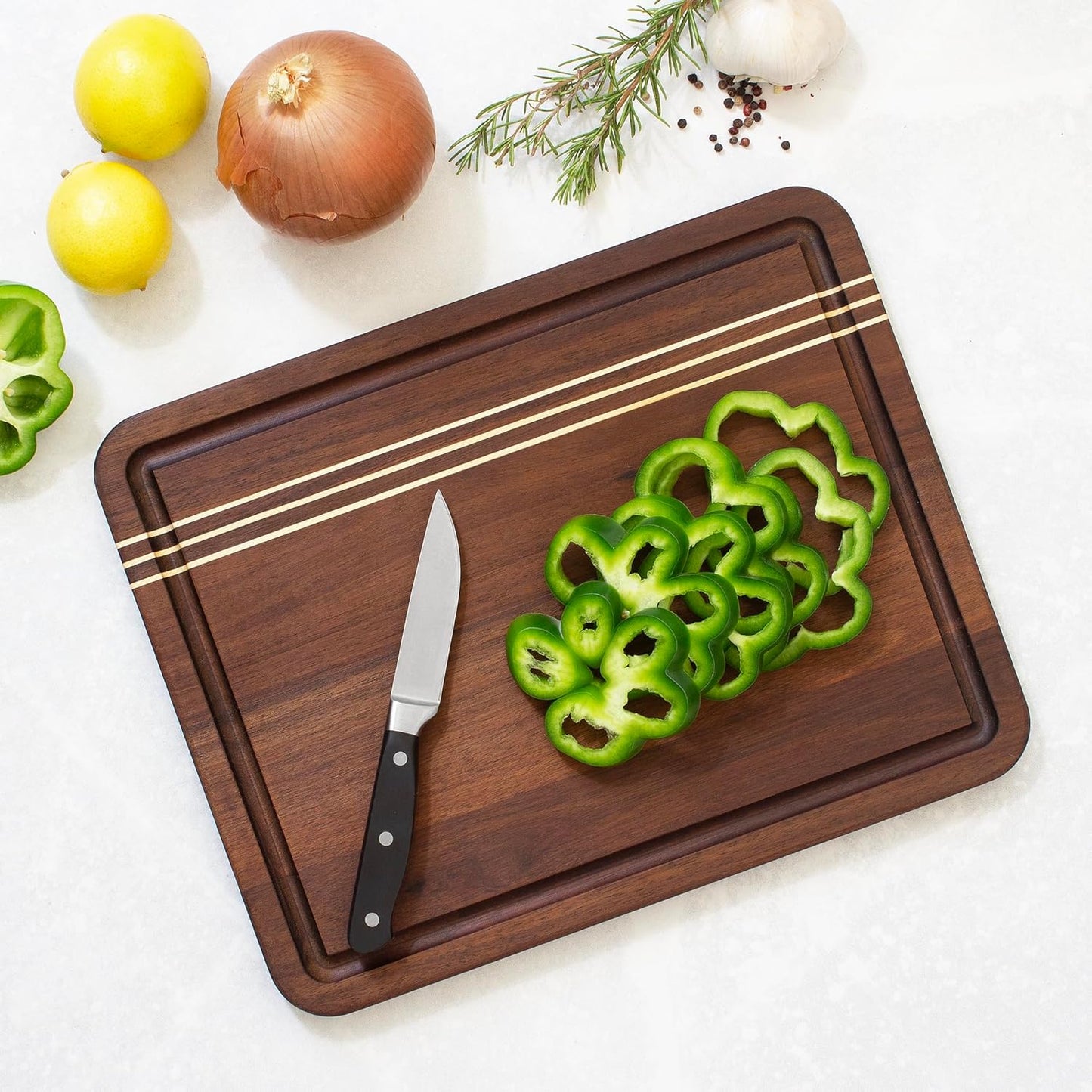 Rock & Branch Large Acacia Wood Cutting Board with Juice Groove – 18" Carving Board with Inlaid Pinstripes | Doubles as Oversized Charcuterie Serving Tray