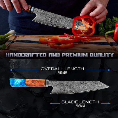 Miyamoto 8-Inch Japanese Damascus Chef Knife, 67-Layer Steel, Ultra-Sharp High Carbon Blade with Resin Handle for Precision Chopping and Carving