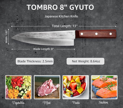 TOMBRO High Carbon Steel Gyuto Japanese Kitchen Knife,Hand Forged Chefs Knives with Rosewood Handle for Meat Vegetables Cutting in Home and Restaurant