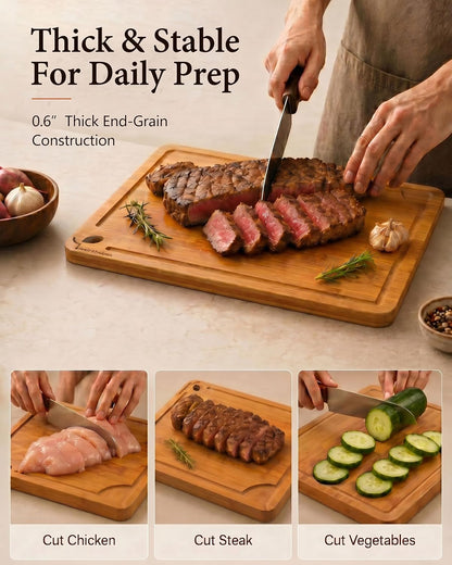Cutting Boards for Kitchen, Bamboo Cutting Board Set of 3 with Storage Stand, Deep Carbonized Chopping Boards with Deep Juice Grooves and Side Handles for Meat, Vegetables, Fruit and Meal Prep