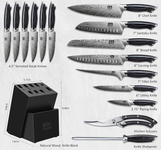SHAN ZU 16 Pieces Knife Set, Knife Block Set in Powder Steel, Ultra Sharp Kitchen Knives Set, High Hardness Japanese Knife Set with Ergonomic Pakkawood Handle, Chef Knives Set for Kitchen Cooking
