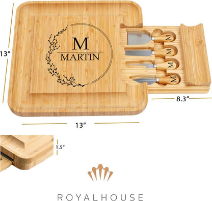 RoyalHouse Bamboo Cheese Board and Knife Set with Slide-Out Cutlery Drawer - Charcuterie Boards Set & Cheese Platter - Birthday Gifts for Women, Wedding Gifts for Couples 2025, Bridal Shower Gifts