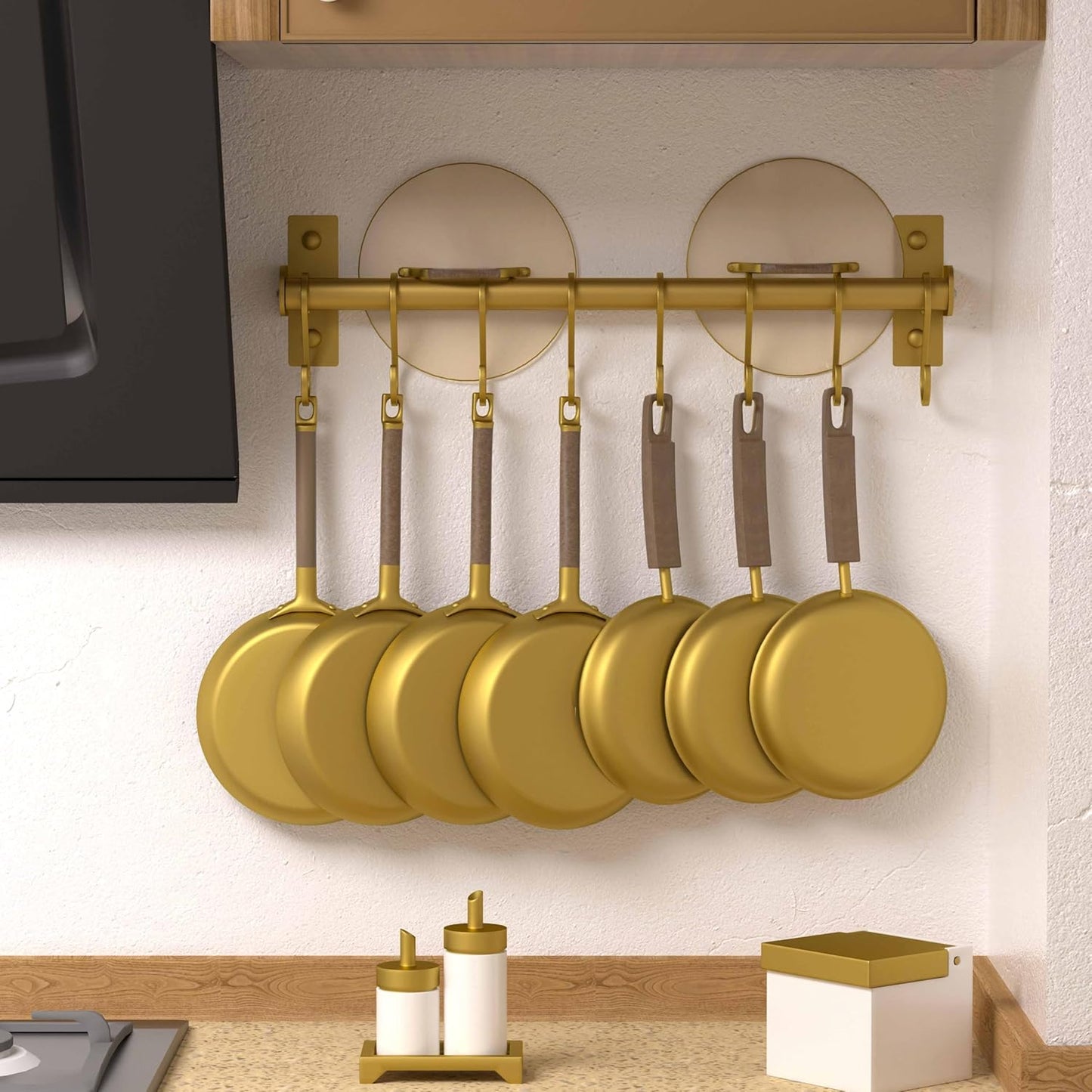 Dseap Kitchen Utensil Holder Hanger, Pot and Pan Rack Wall Mounted, Kitchen Rail with 8 Hooks for Hanging Cooking Utensils, Mugs, Spoons, Wall Mounted, Silver