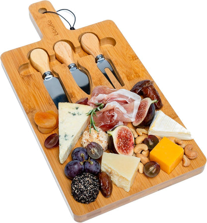 Bamboo Cheese Board and Knife Set 14x11 inch – Wood Cheese Cutting Board, Serving Tray Platter, Charcuterie Board Set with 4 Cheese Knives – BlauKe®