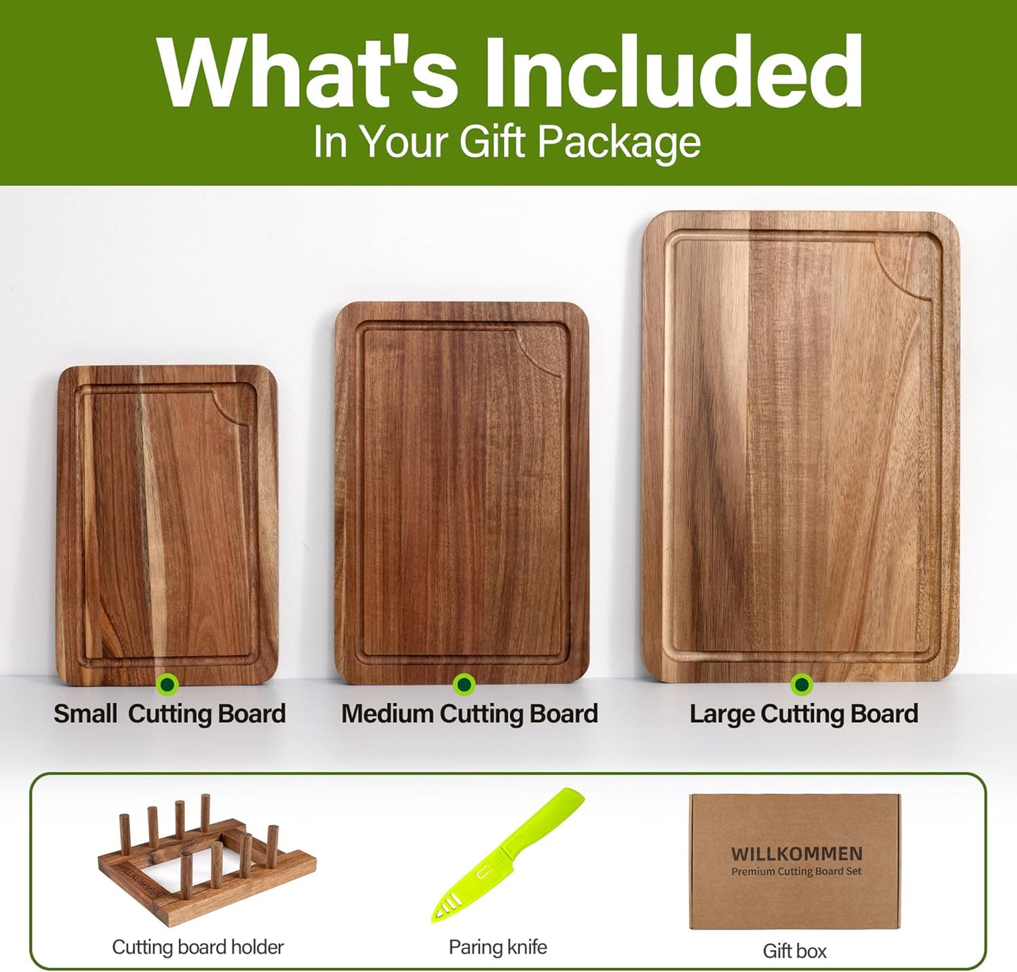 WILLKOMMEN 4-Piece Bamboo Cutting Boards for Kitchen, Chopping Board Set with Food Icon (Meat, Fish, Vegetables, Fruits) Butcher Block with Stands, Handles & Juice Grooves (Small, Medium, Large, XL)