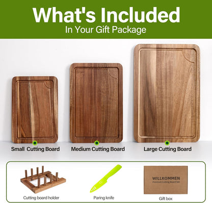 WILLKOMMEN 4-Piece Bamboo Cutting Boards for Kitchen, Chopping Board Set with Food Icon (Meat, Fish, Vegetables, Fruits) Butcher Block with Stands, Handles & Juice Grooves (Small, Medium, Large, XL)