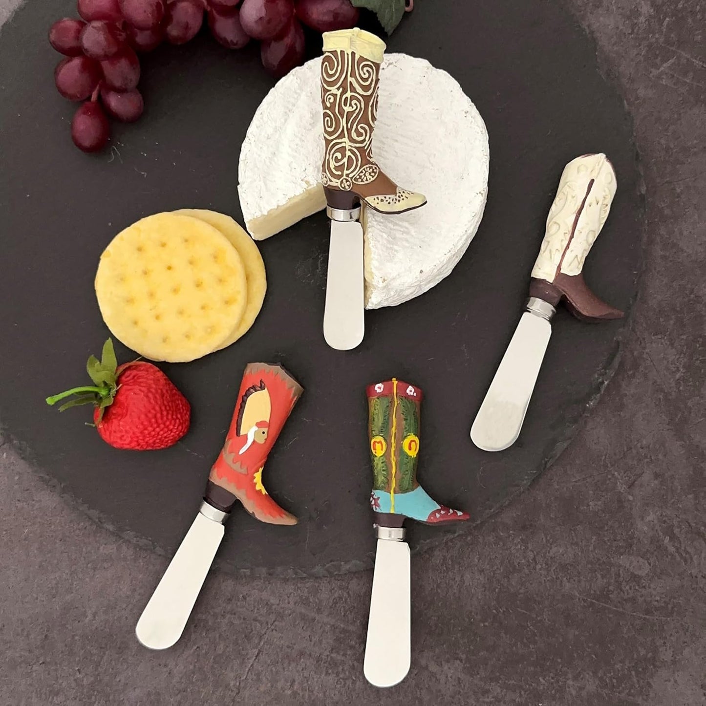 Supreme Housewares Western Cowboy Boot Cheese Spreaders, Hand-Painted Resin Handles with Stainless Steel Blades for Spreading Cream Cheese, Butter, and Jam, Assorted Designs, Set of 4