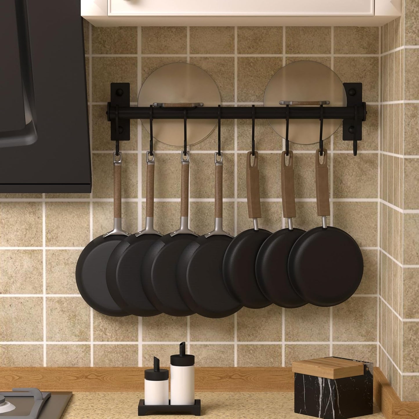 Dseap Kitchen Utensil Holder Hanger, Pot and Pan Rack Wall Mounted, Kitchen Rail with 8 Hooks for Hanging Cooking Utensils, Mugs, Spoons, Wall Mounted, Silver