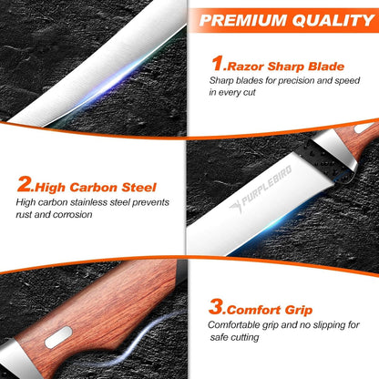 PURPLEBIRD Fillet Knife for Fish 9" with Sheath, 440C Stainless Steel Boning Knife for Meat Cutting with Wood Handle, Fish Fillet KnivesKitchen & Outdoor for Fishing, Hunting, BBQ, Christmas Gifts