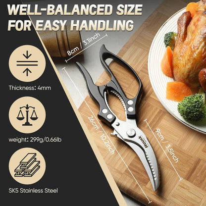 Huusk Poultry Shears Heavy Duty – All Purpose Japanese Kitchen Scissors for Chicken, Meat, Fish, Vegetables & Pizza with Ergonomic Non-Slip Red Handle, Gifts for Women Men