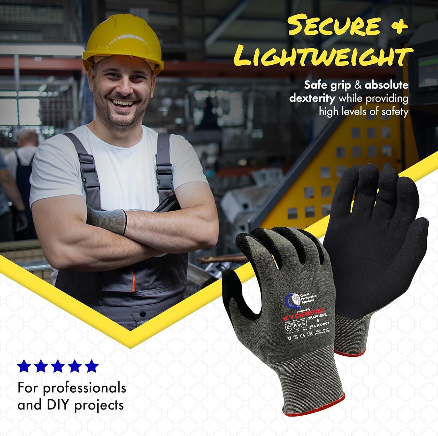 Quest Protective Apparel Cut Resistant Work Gloves (ANSI A1) – Lightweight Graphene Gloves for Gardening, DIY, Mechanical & General Handling – Breathable Grip Gloves for Men & Women – Large, Pack of 3
