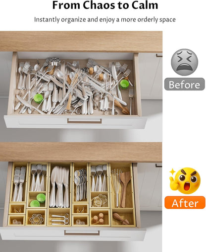 12 Compartments Silverware Drawer Organizer, 6 Piece Bamboo Utensil Tray Set for Kitchen Spoons Forks Knives, Adjustable Cutlery Holder with Removable Dividers for Flatware, Bedroom & Living Room