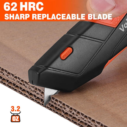 ValueMax 2-Pack Box Cutter Knife, Cardboard Cutter with Self-Retracting 3-Position Locking Blade, Safety Sheath, Lanyard, Extra 18 Blades Included, Blade Storage Design