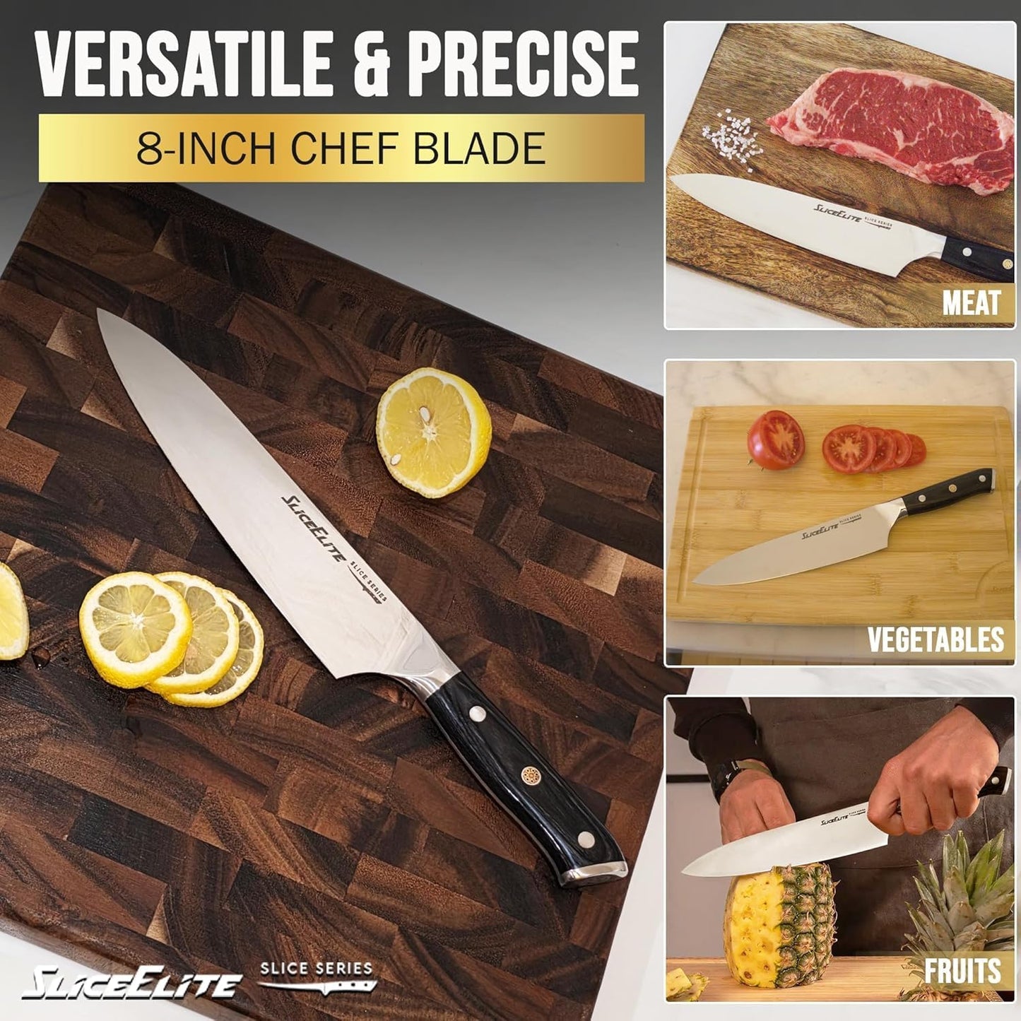 SliceElite Slice Series 8 Inch Carving Knife High Carbon German Stainless Steel Pakkawood Handle Brisket Slicer Chopper BBQ Chef Sharp Fruit Vegetable Butcher Kitchen Cutting Meat Tool Gift Precision